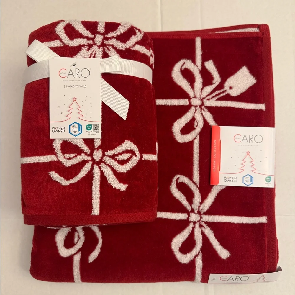 3pc CARO HOME Reversible Christmas Bows Bath Towel Set - 100% Cotton - Red/White